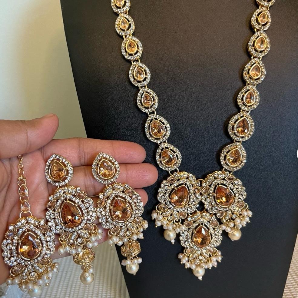 SOBIA Polki and Zircon  long Mala Set with Earrings Tikka for Women - My Jewel Box