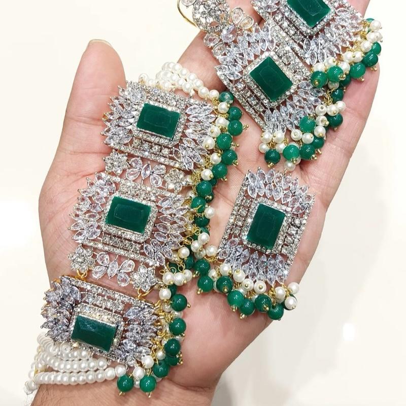 Square stone Beautiful elegant zircon set with earrings and tikka - My Jewel Box