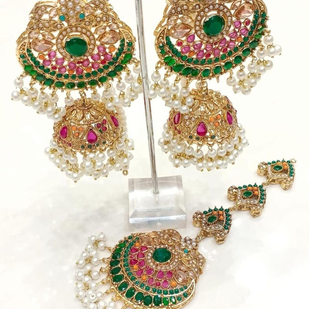 ET 001 MAHAM Nauratan Jhumka Tikka Set for Women - Traditional Indian Jewelry, Perfect for Parties and Special Occasions - My Jewel Box
