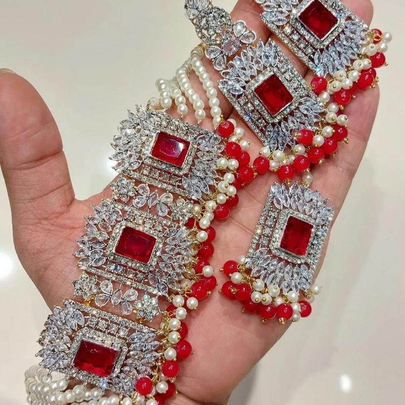 Square stone Beautiful elegant zircon set with earrings and tikka - My Jewel Box