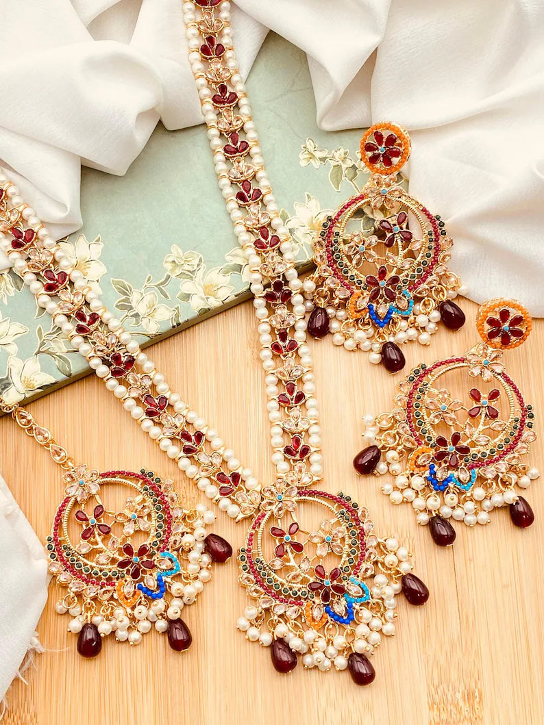 CELINA Indian / Pakistani Nauratan Polki Mala Necklace Set with Earrings & Tikka