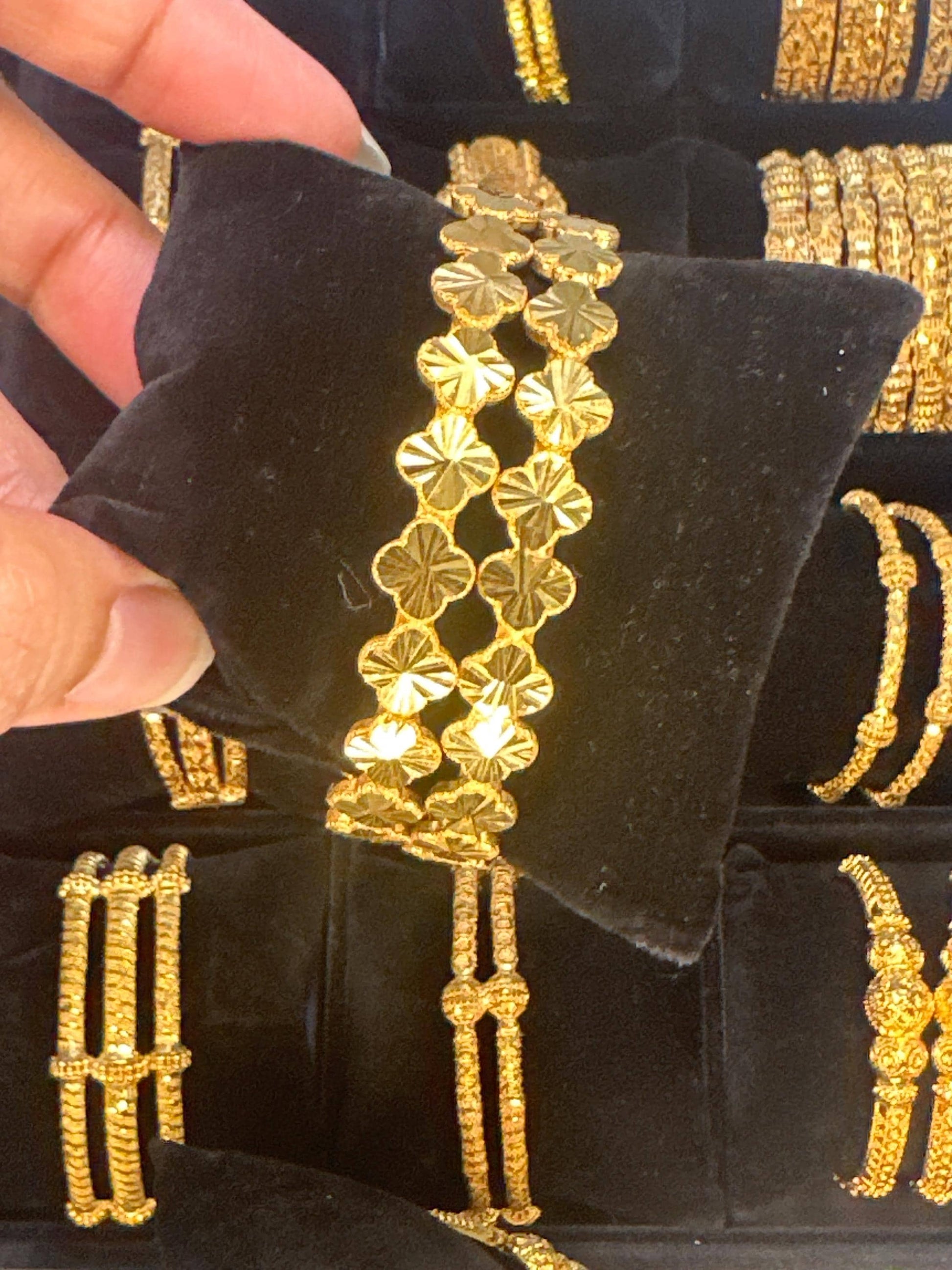 24k Gold Plated Flower Bangles, Available in Multiple Sizes and as Pair and Set of Six Bangles - My Jewel Box