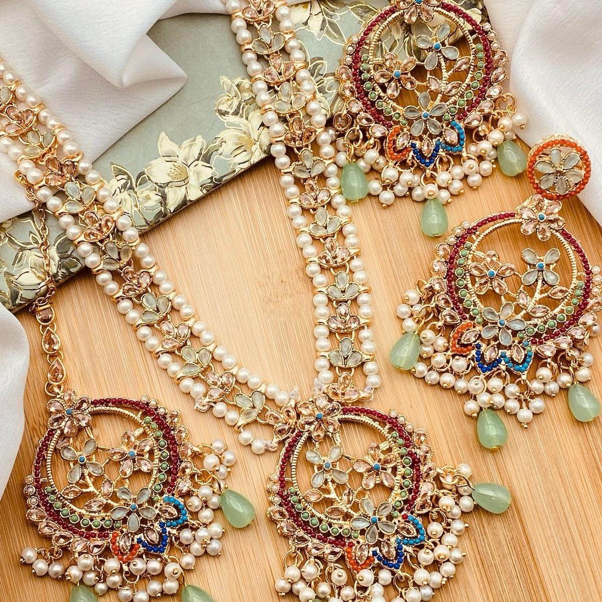 Celina Nauratan Polki Mala Necklace Set with Earrings & Tikka