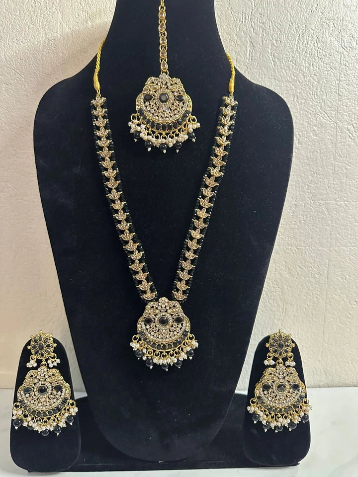 Khadija Polki Long Mala Set Necklace with Earrings & Tikka
