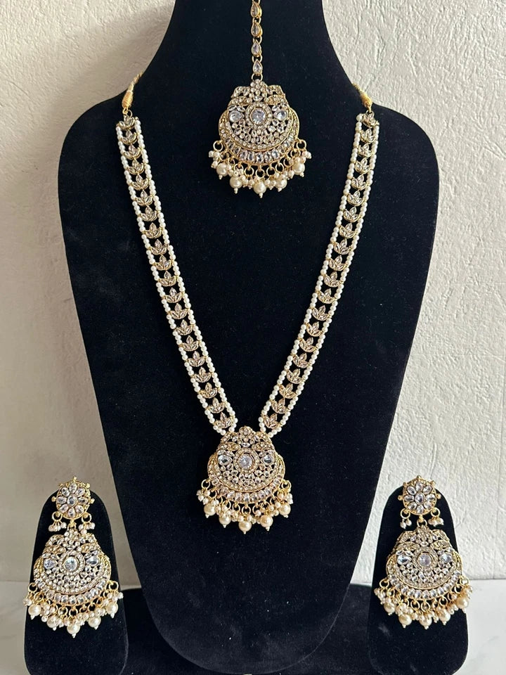 Khadija Polki Long Mala Set Necklace with Earrings & Tikka