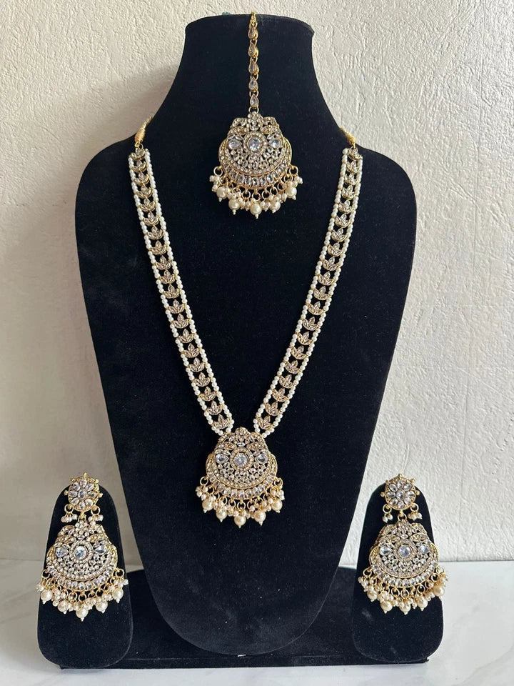 Khadija Polki Long Mala Set Necklace with Earrings & Tikka