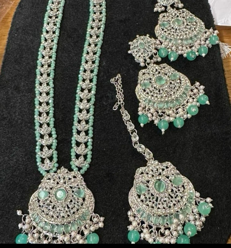 Khadija Polki Long Mala Set Necklace with Earrings & Tikka