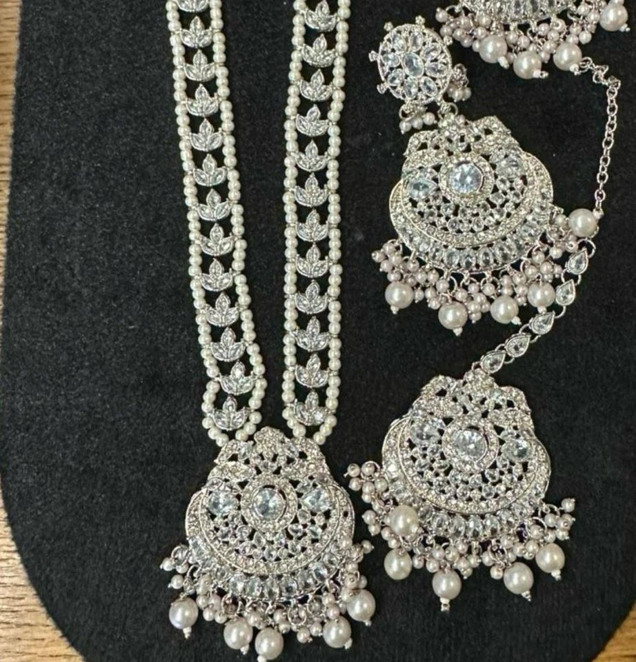 Khadija Polki Long Mala Set Necklace with Earrings & Tikka
