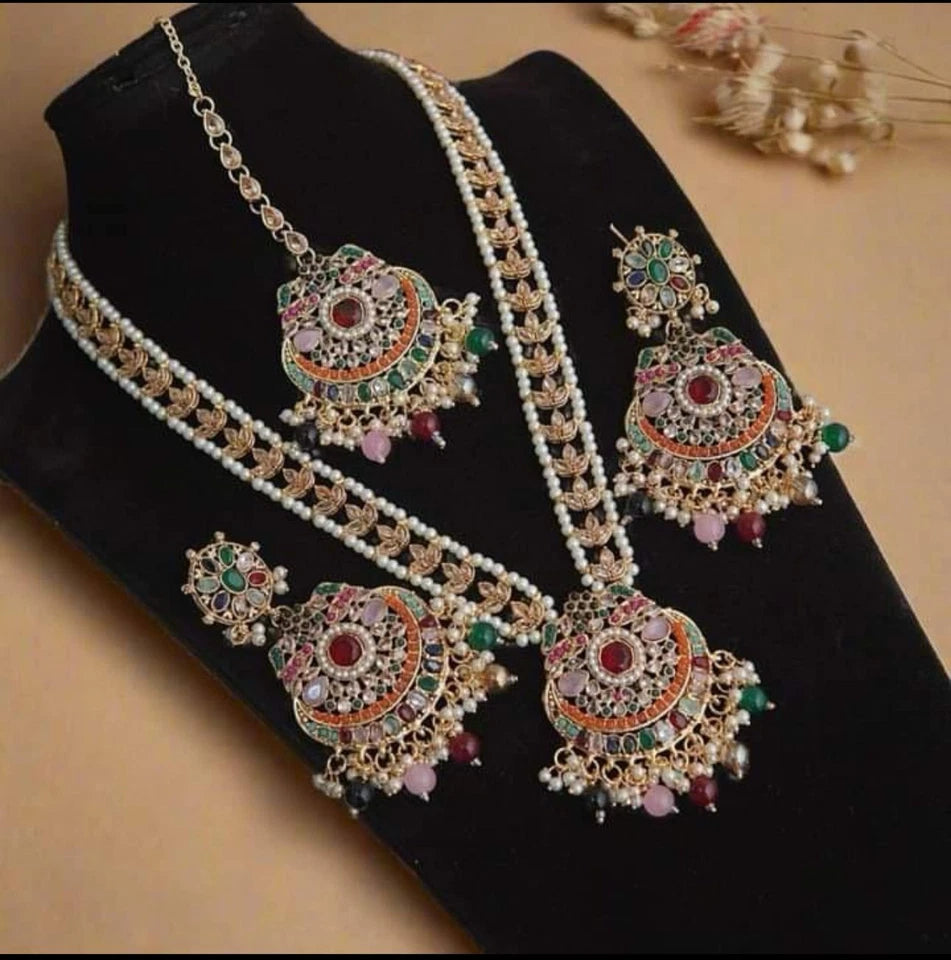 Khadija Polki Long Mala Set Necklace with Earrings & Tikka
