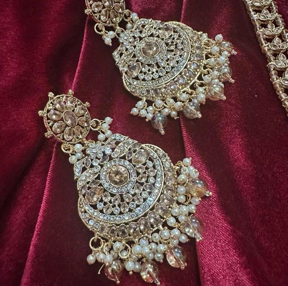 Khadija Polki Long Mala Set Necklace with Earrings & Tikka
