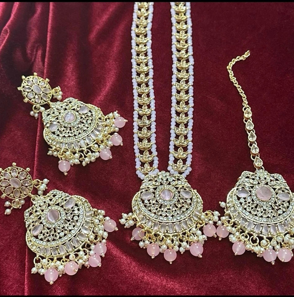 Khadija Polki Long Mala Set Necklace with Earrings & Tikka